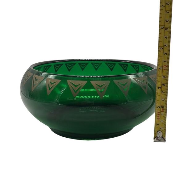 Dalzell Viking Bowl Vintage Green Glass Gold Triangles Hollywood Regency Heavy - Picture 12 of 12